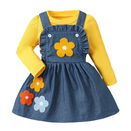 

Baby Boy Outfits 2Pc Strap Skirt Solid Color Long Sleeve T Shirt Flower Towel Embroidery Outfits Sets