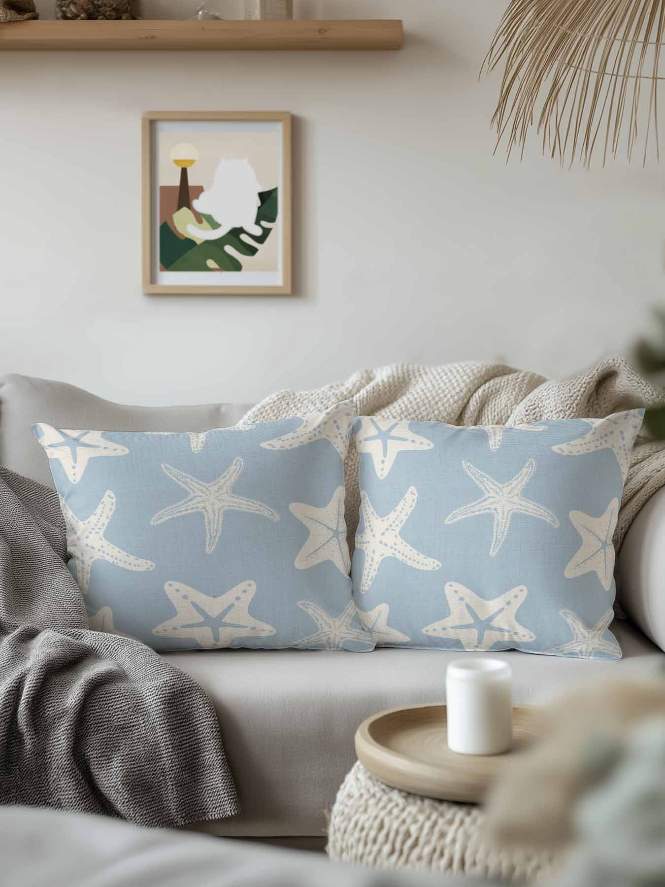 Outdoor Pillows Waterproof, Blue Starfish Coastal Bedding Throw Pillows with Insert for Couch Sofa Bed, Nautical Summer Ocean Abstract Art 18x18 Inch Pillowcases Decorative Patio Pillow Set of 1