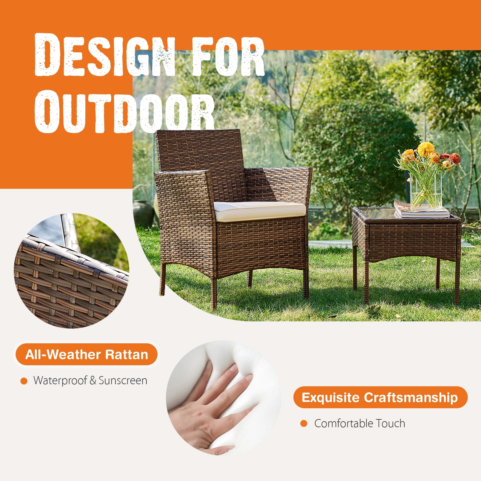 SHOUFTW Stylish 4-Piece Brown Wicker Patio Set with Comfortable Cushions and Glass Table – Designed for Outdoor Spaces