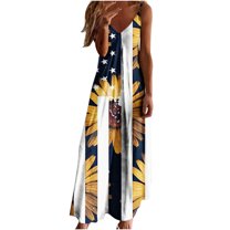 OAVQHLG3B American flagSummer Dress for Women 4th of July Outfits for Women Sling Mid-waist V-neck Sleeveless Stripe Printing Slim Beach Long Dress