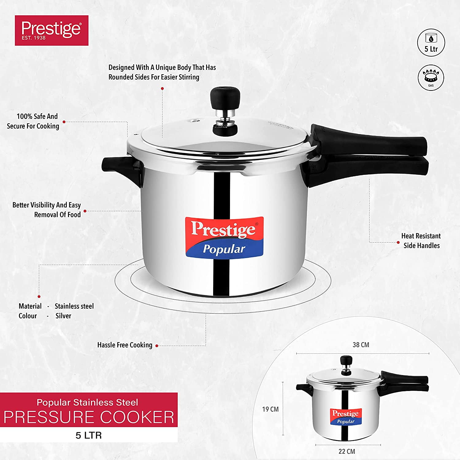 Prestige Popular Stainless Steel 5L Pressure Cooker