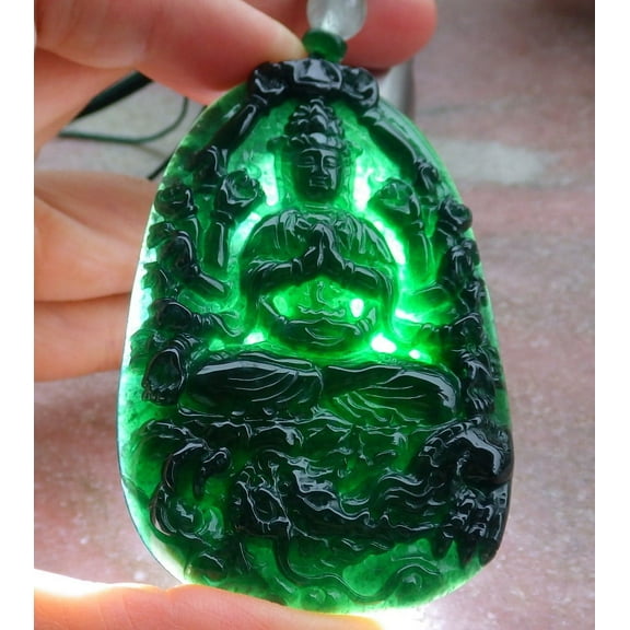 Certified Icy Green Burma 100% Natural A Jade jadeite Pendant 1000 Hand Guanyin Kwan Yin Dragon Necklace 659528 TN