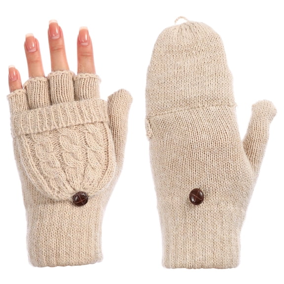 FELTECHELECTR 1 Pair Winter Gloves for Women Beige Wool Cotton Hand Warmer Fold-Back Mitten Flap Dual-Use