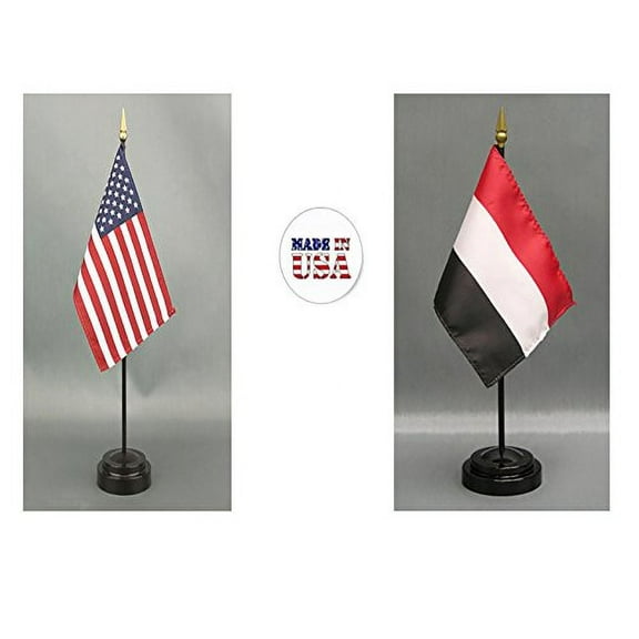 Made in The USA. 1 American and 1 Yemen Rayon 4"x6" Miniature Office Desk & Little Hand Waving Table Flag, Includes 2 Flag Stands & 2 Small 4"x6" Mini Stick Flags