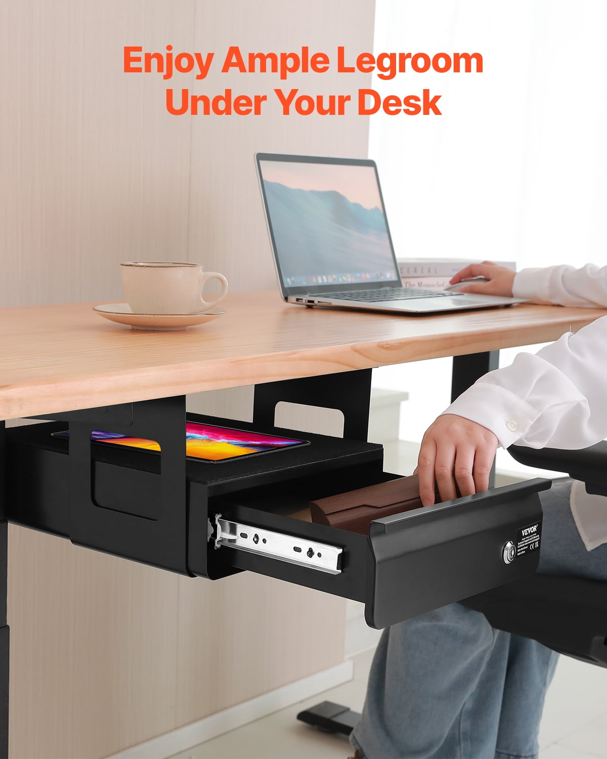VEVOR 13" Wide Under Desk Drawer Slide Out, Under Desk Mount Pull Out Drawer Attachment, Hidden Desk Storage Organizer, Lockable Under Desk Pencil Drawer for Sit-Stand Workstation, 14x13x7 In