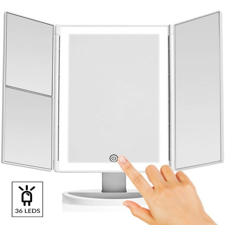 Large Four Light Vanity - Vanity Makeup Mirror with (Upgraded) Anti-Glare & Natural LED Lighting Controlled by Smart Touch Screen Sensor Dual Power Supply & 3x, 2x Magnification For Details by LivingPro