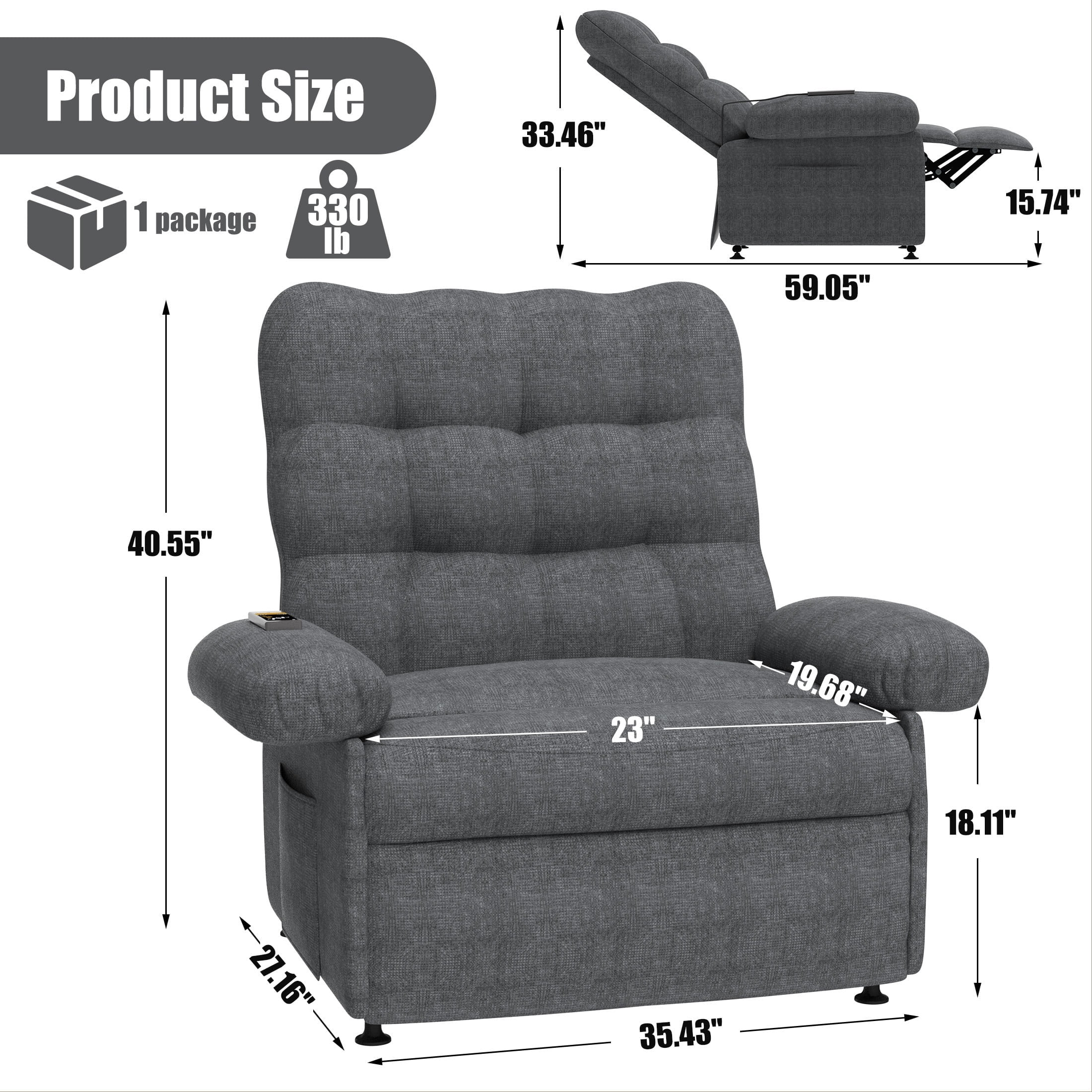 Electric Recliner Chair, Elderly Sofa with Side Pocket and Spacious Seat, Back adjustment from 105°to 145°, Remote Control, Heavy Duty Reclining Mechanism Recliner for Home, Gray