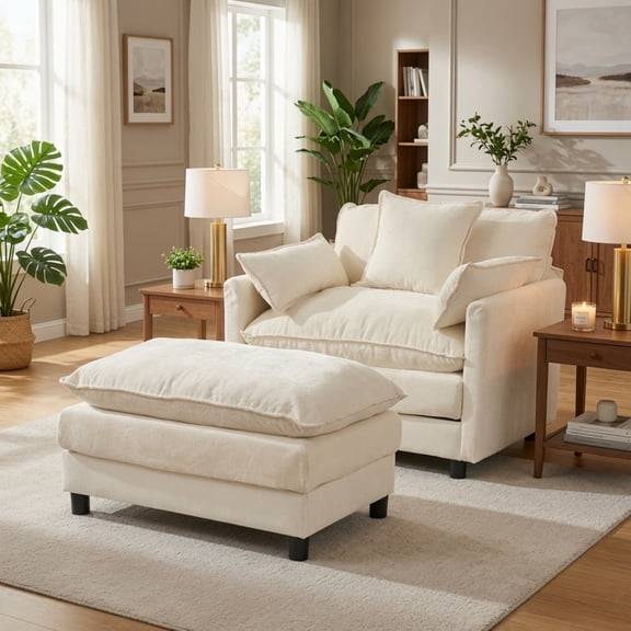 Accent Chair with Ottoman, Modern Lounge Club Chair, Chenille Upholstered Armchair with Footrest, Comfy Reading Chair for Living Room Bedroom Small Space, Beige