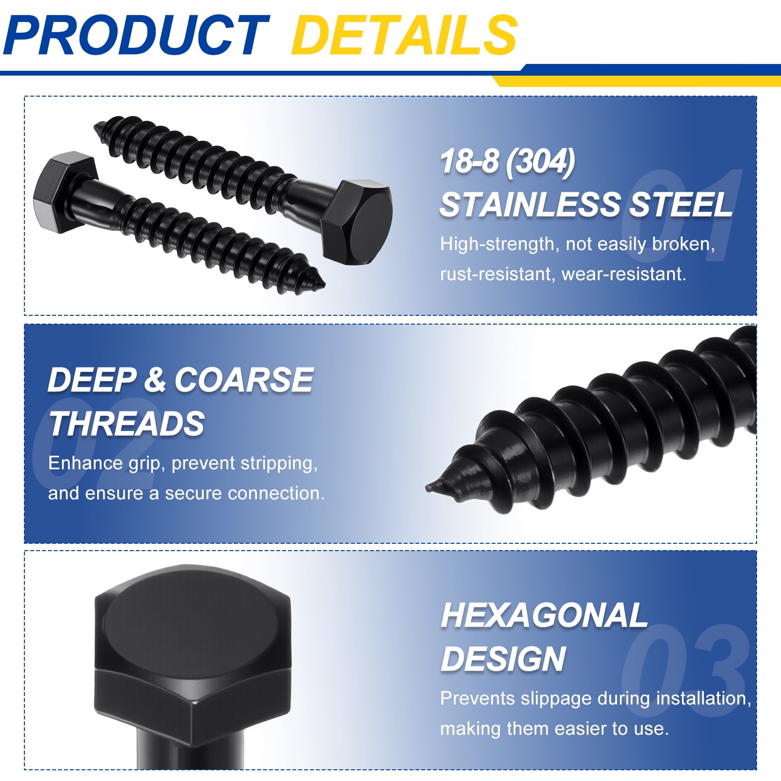 Uxcell 15 Pcs Hex Head Lag Screws - 3/8"x1" Stainless Steel 18-8 (304) Lag Bolts Hexagon Head Heavy Duty Wood Screws with Flat Washers for Wood, Decks, Fences, Furniture, Black