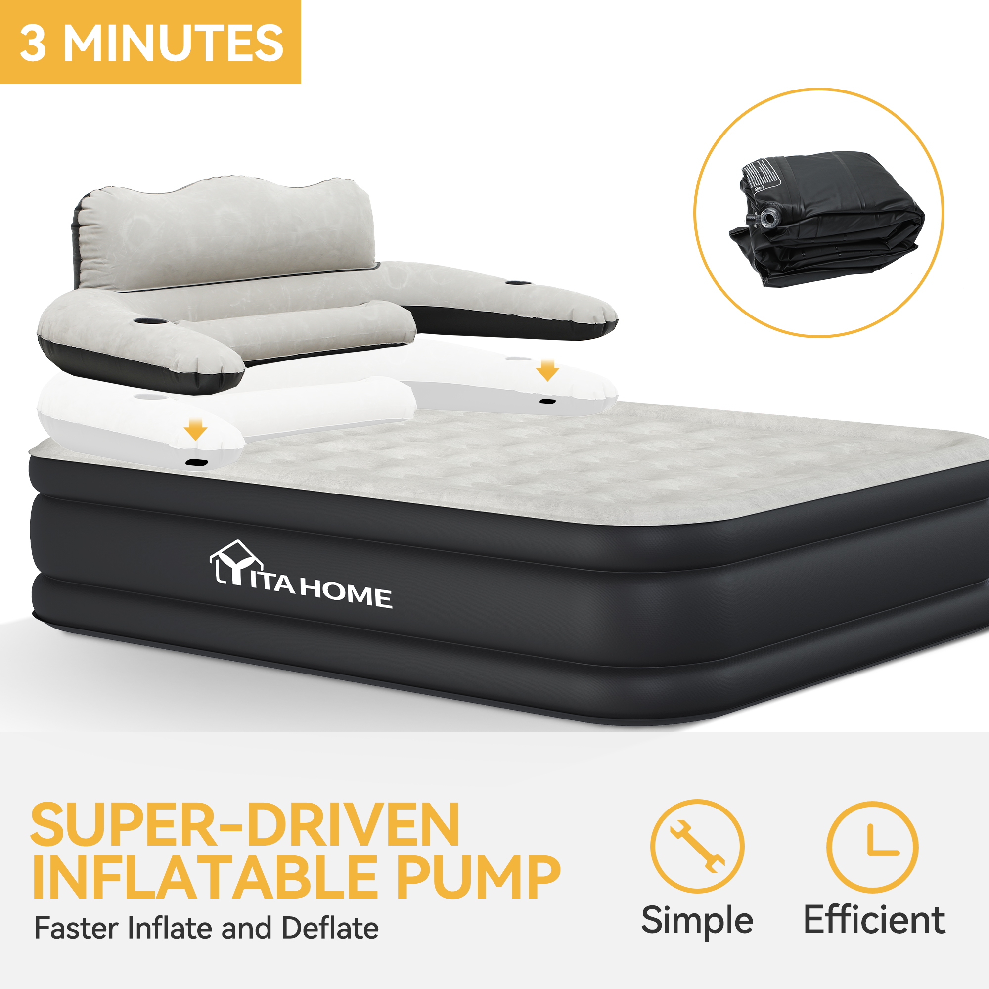 Dextrus Queen Size Air Bed with Detachable Headboard & Integrated Pump, 18in Inflatable Mattress with Accessories for Home, Outdoors, and Travel