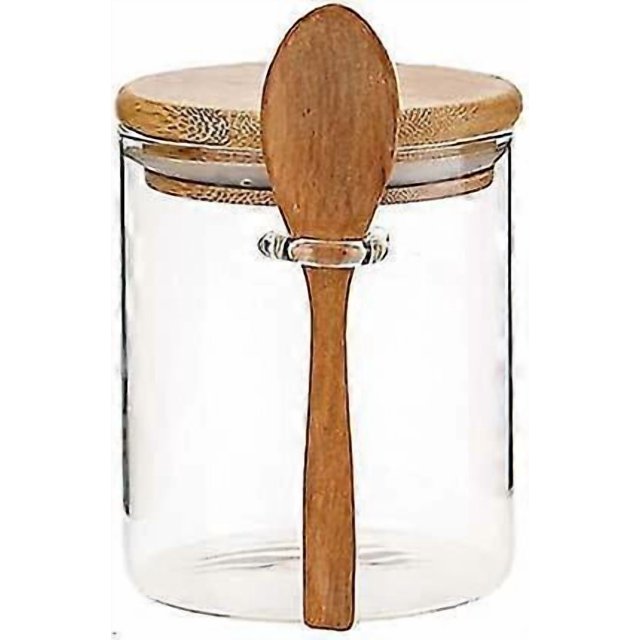 Glass Food Airtight Canister Castor Wooden Twist Lid Kitchen Candy Storage Tank Jar Bamboo Food Cont