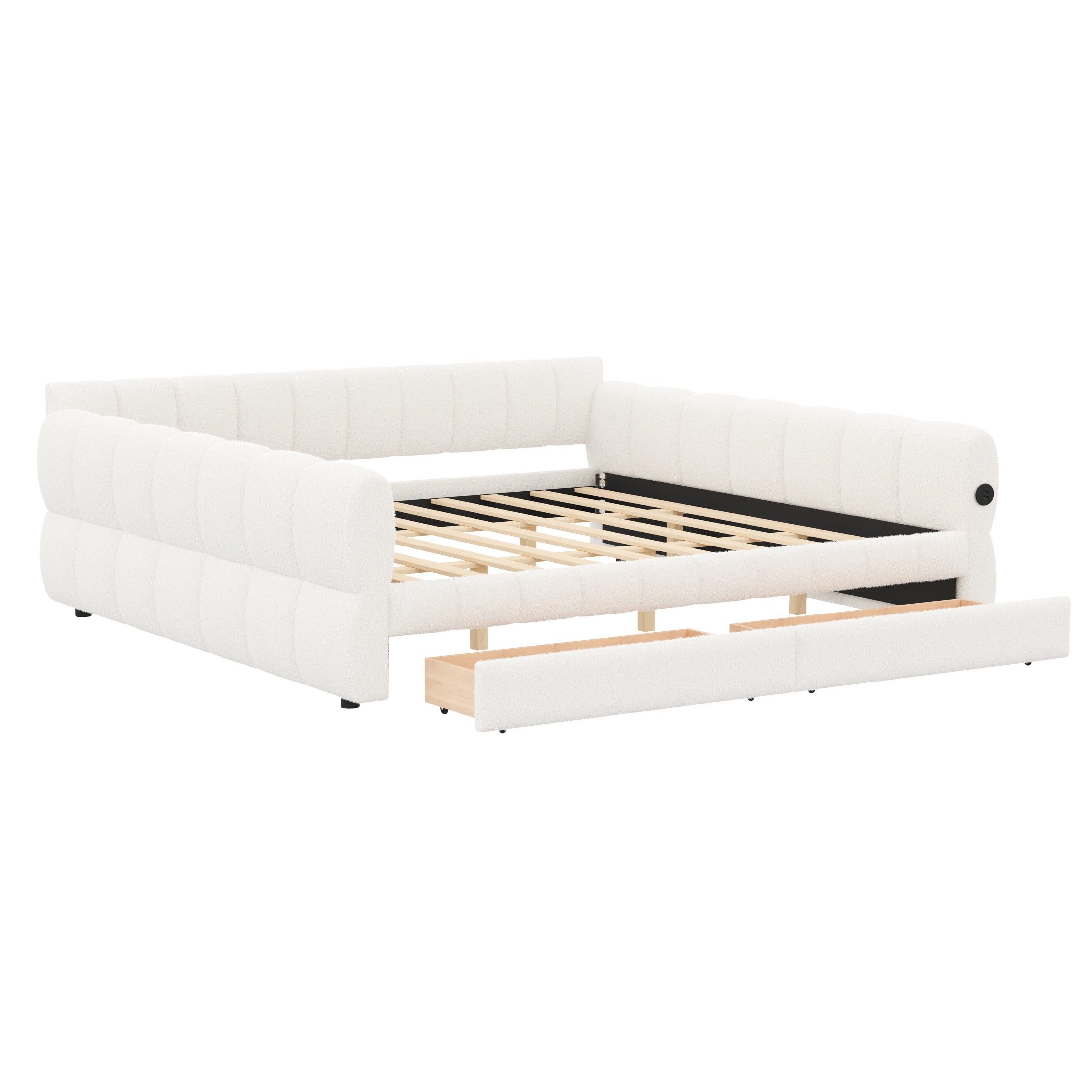 Noble House Cornelius King Size Upholstered Platform Bed, Lambswool Bed Frame with USB Port and Storage Drawers, White