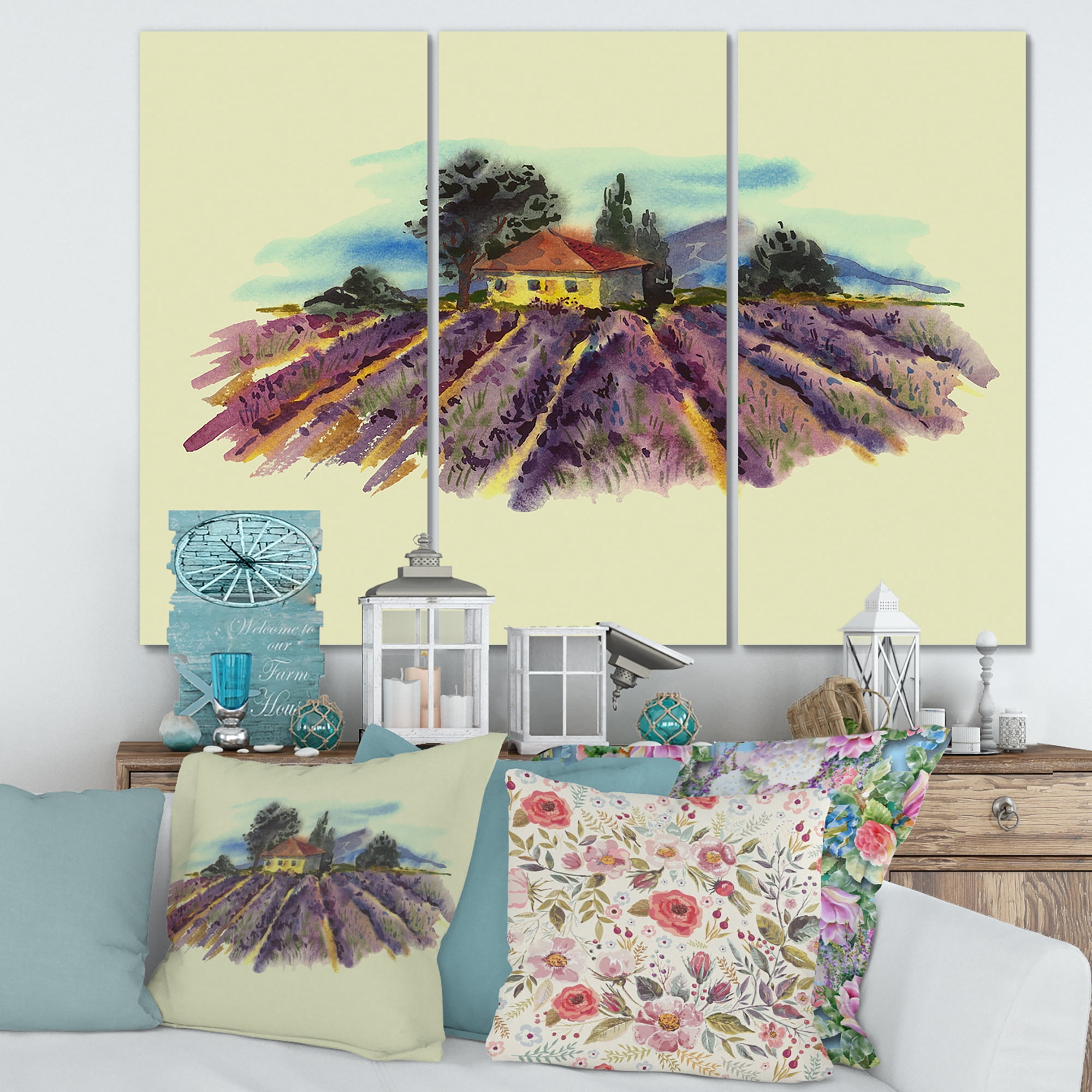 Landscape With Blooming Lavender and Village House 28 in x 36 in Painting Canvas Art Print, by Designart