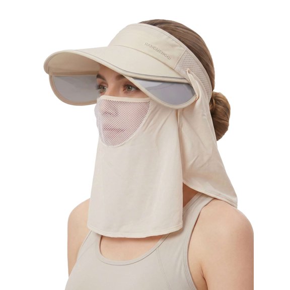 Deago Womens Wide Brim Sun Hat with Detachable Face Cover & Neck Flap Ponytail Outdoor UV Protection Visor Hat for Garden Fishing Hiking