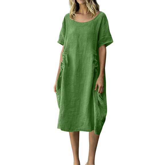 Dvprdro Crewneck Short Sleeve Side Drawstring Tie Hem Side Pockets Loose A Line Maxi Dress for Women 2026 Summer Beach Casual Solid