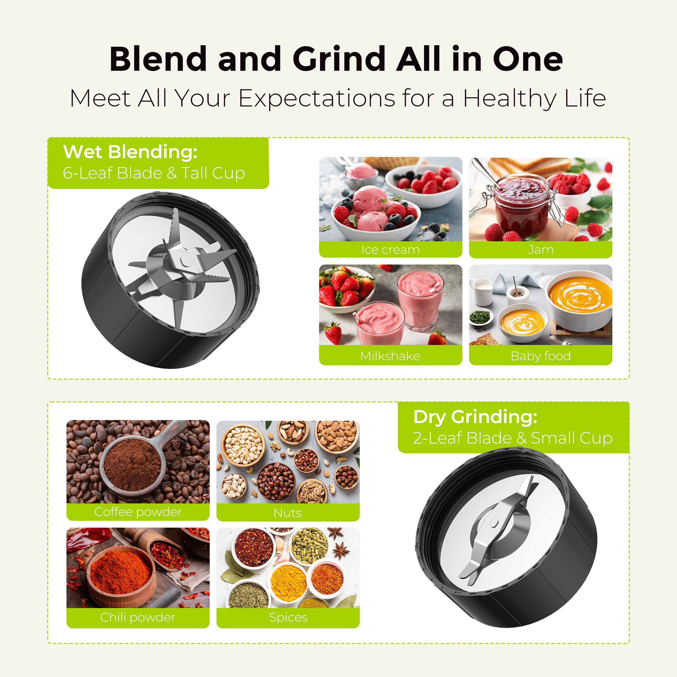 Syvio Smoothie Blender for Shakes and Smoothies, 4 Portal Cups, 15 Pieces Kitchen Personal Blender and Grinder Combo, BPA-Free Juice Blender Set