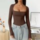 thumbnail image 2 of Camiseta sexy de cuello cuadrado y manga larga - Abrigo de otoño para chicas guapas, tejido suave y elástico, diseño a juego, adecuado para ocasiones informales, 2 of 5