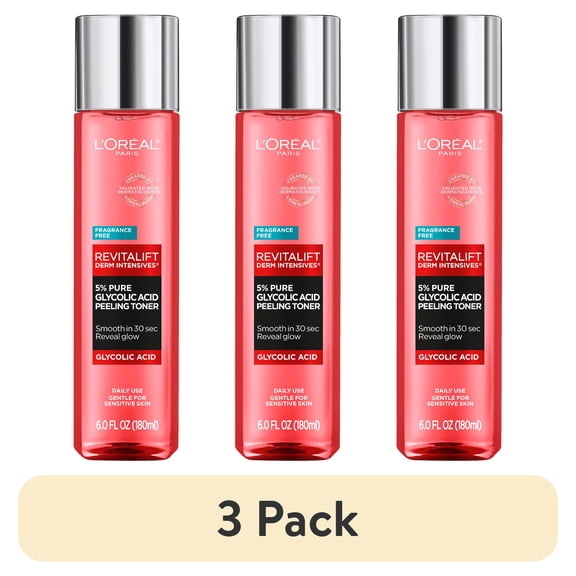 (3 pack) L'Oreal Paris Revitalift 5 Percent Glycolic Acid Peeling Toner, Smooths Skin Texture, 6 fl oz