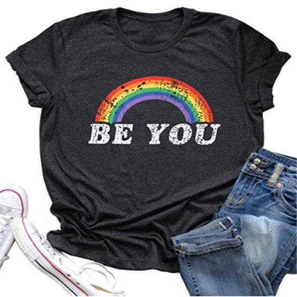 Rainbow Shirt Women Pride Shirt Rainbow Graphic Tees Shirts Letter Print Casual Short Sleeve TopsXXL