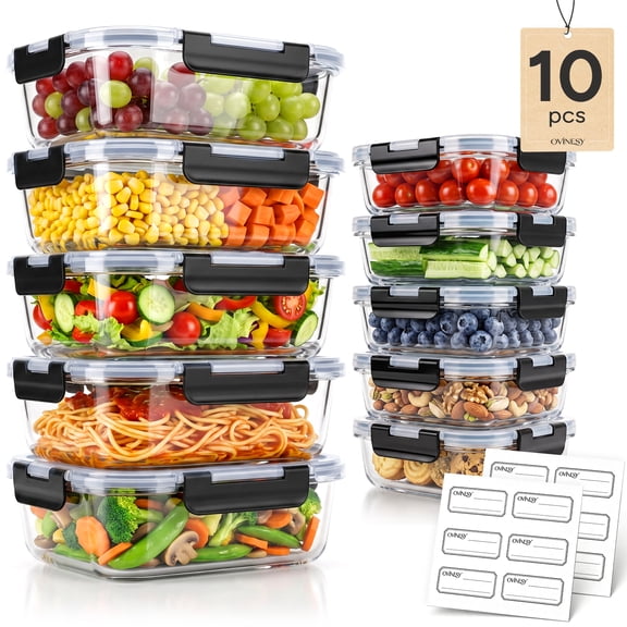 OVINESY Glass Meal Prep Containers 10-Piece Set, 35oz & 14oz Food Storage Containers with Lids, Leak-Proof Airtight Glass Lunch Boxes, Microwave/Freezer/Dishwasher Safe, BPA-Free