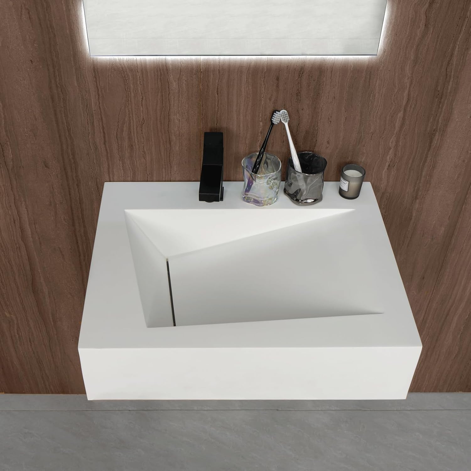 Gesipor 32" X 19" Wall Mount Bathroom Vanity With Sink – White Stone Resin Floating Trough Basin, Modern Rectangular Vessel Sink