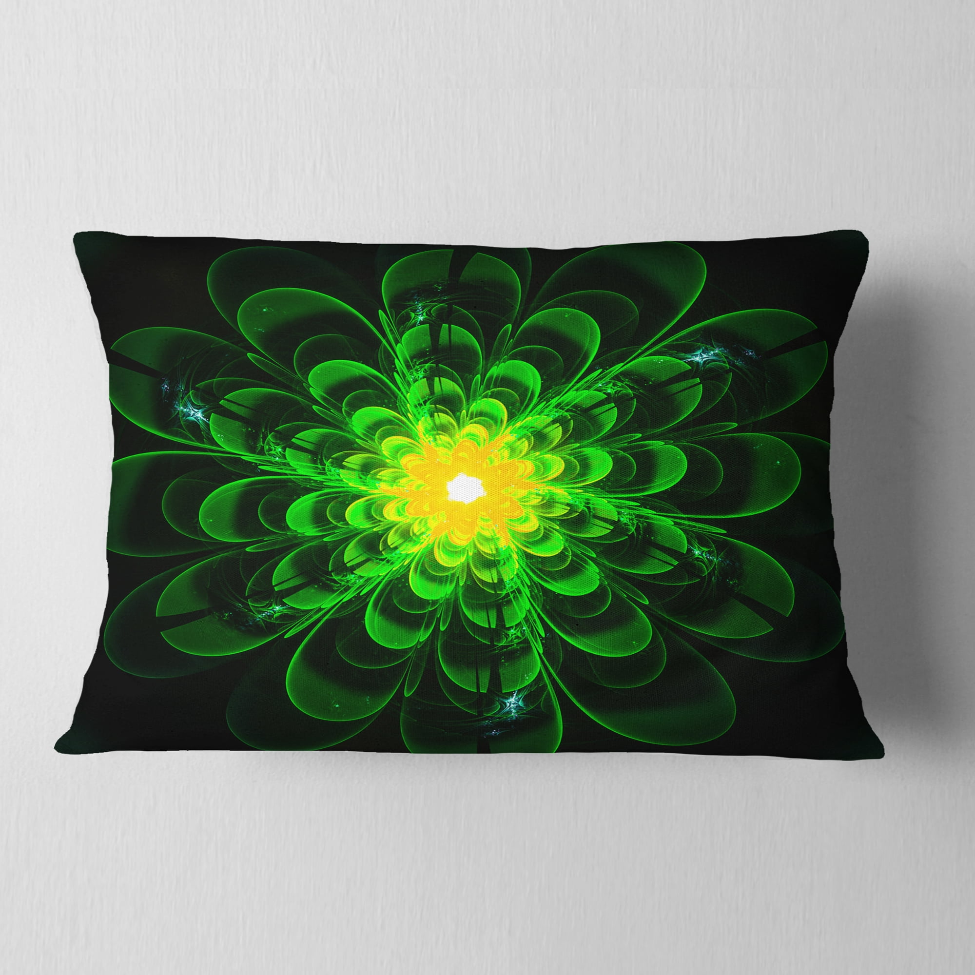 Designart Glowing Green Fractal Flower on Black - Floral Throw Pillow - 12x20