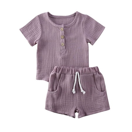 

Unisex Baby 2Pcs Boho Summer Shorts Set Outfits Cotton Linen Button Down T-Shirt and Shorts Clothes