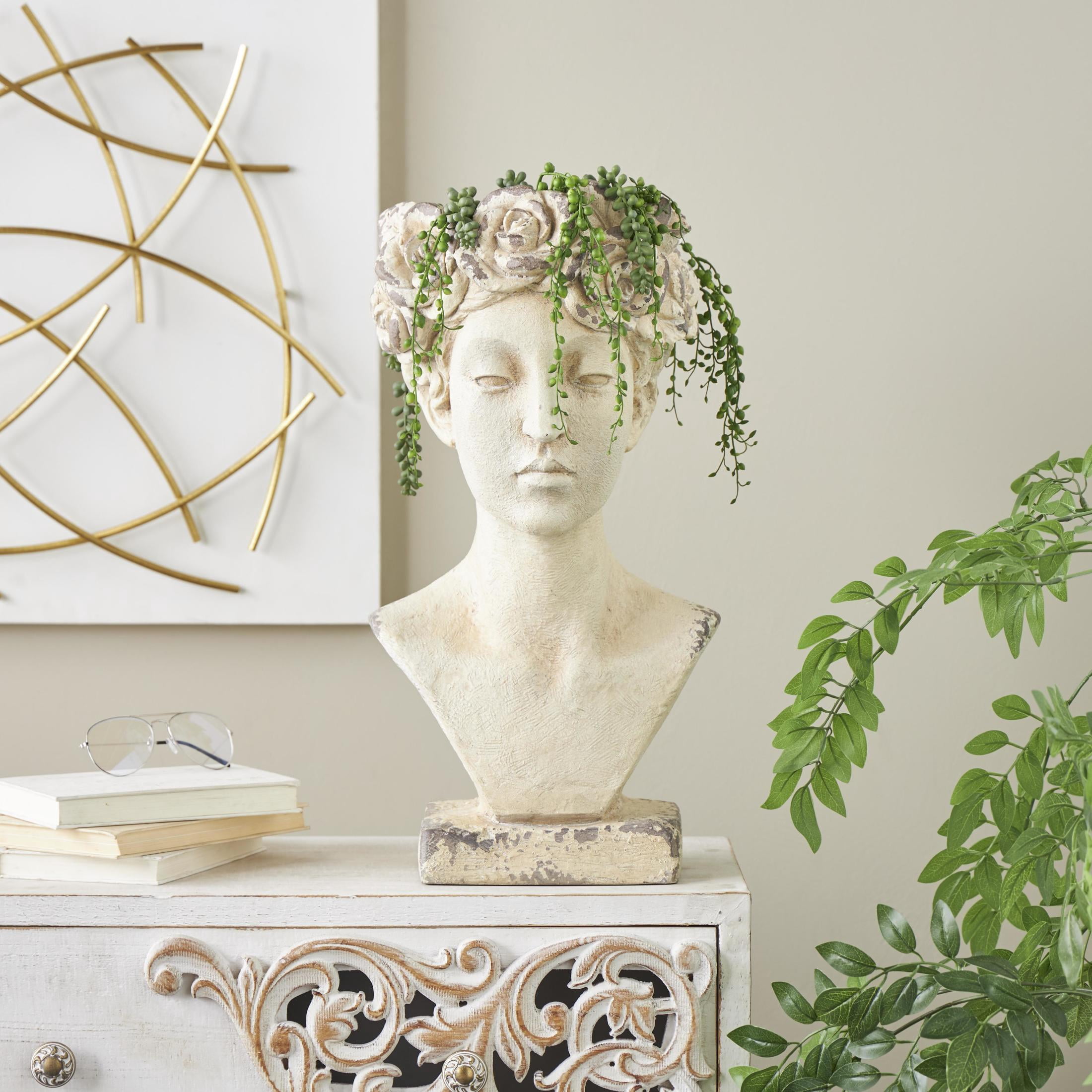 DecMode 11" x 22" Distressed Antique Greek Bust Cream Magnesium Oxide Woman Planter with Floral Accents