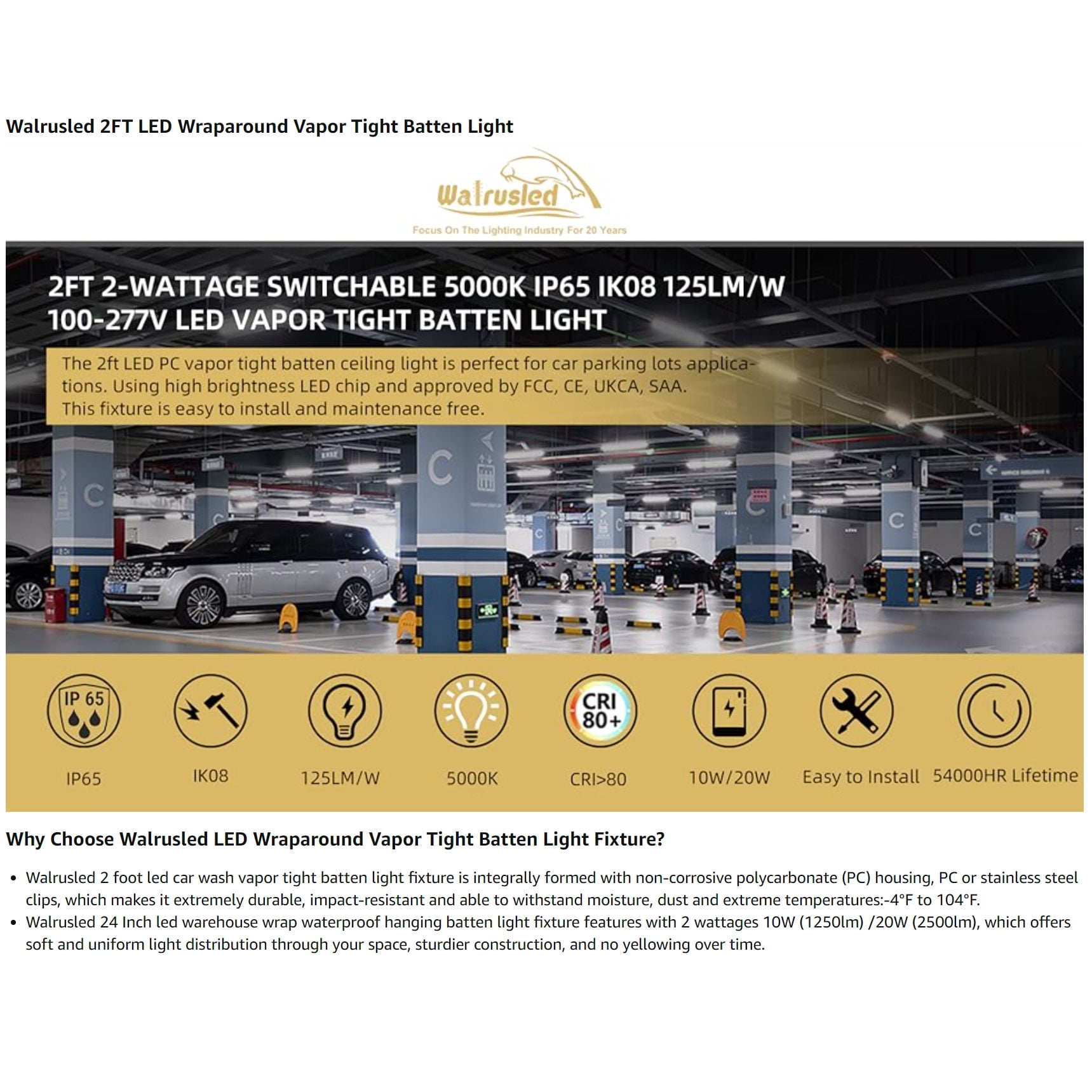 2FT LED Vapor Tight Light, IP65 IK08, 10W(1250lm)/20W(2500lm) Selectable, 5000K, 100-277V, Outdoor Waterproof Shop Light, Vapor Proof Lighting Fixture for Carport Parking Garage Car Wash, FCC Listed