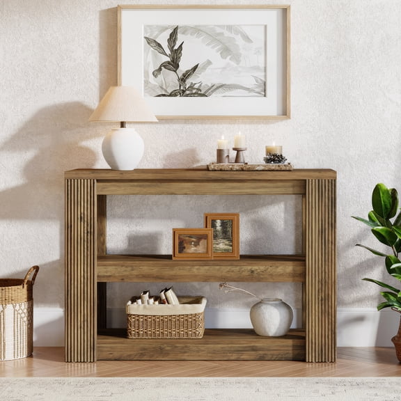 Finmind 41.34-inch Console Table, 3-Tier Farmhouse Entryway Table with Storage Shelves, Narrow Sofa Console for Living Room, Hallway, Rustic Brown