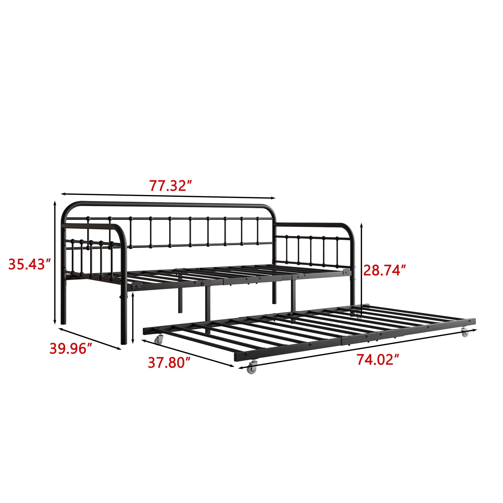 MAYEERTY Twin Size Metal Daybed Frame with Trundle, Heavy Duty Steel Slat Support Sofa Bed Platform with Headboard, No Box Spring Needed, Black