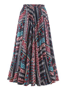 Women's Aztec Print Full Sweep Skirt - Long, Elastic Waist, Boho Casual Style, X-Large, Black