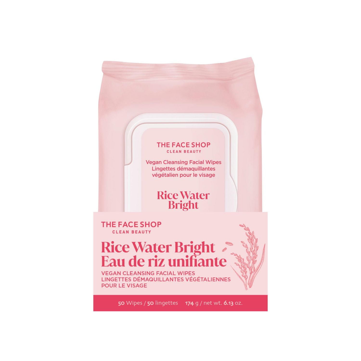 THE FACE SHOP Rice Water Bright Vegan Facial Cleansing Makeup Remover Wipes with Moisturizing Cleansing Milk, Korean skin care for all skin types, Soft facial wipes with rice cleansing milk.
