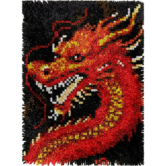 Red Dragon Latch Hook Kits Rug DIY Cushion Tapestry Making Crochet Hook Mat Making Kits Color Preprinted Pattern Canvas DIY Carpet Needlework Crochet Kits 52x38cm (AG11-87)