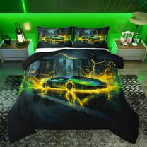 Feelyou Speed Sports Car Full Size Comforter Sets for Kid, Fashion Green Automobile Bedding Comforter Set, Neon Yellow Lightning Reversible Bedding Sets, Super Cozy Room Decor, 3-Piece