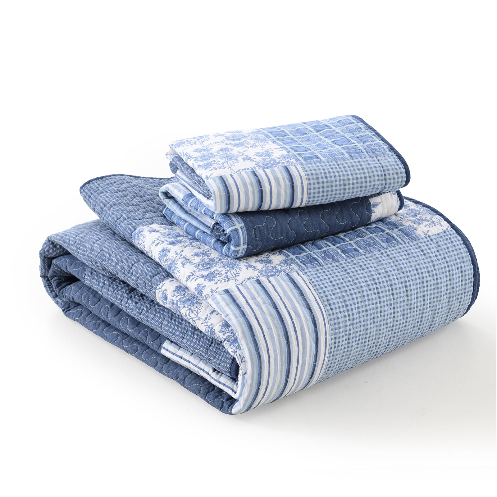 PANGUSHAN 100% Cotton Quilt King Size, King Quilt Bedding Set Quilted Bedspreads, Lightweight Reversible Plaid Comforter for King Bed, All Season, Blue, 3 Pieces
