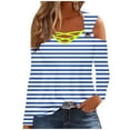 thumbnail image 2 of CLOISE Shirts for Women Fall Fashion Striped Blouses Round Neck Long Sleeve Cold Shoulder Tees Comfy Hollow Color Block Tops Y2k Outfits Blue XL, 2 of 5