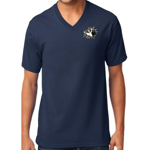 Mens Crashing Bowling Pins V-neck Tee Shirt, Large Navy Blue