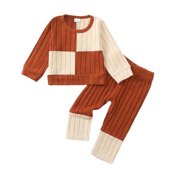 Kimi bear 3T Toddler Girl Outfit Set 4T Child Girls Long Sleeves Color Block Top Jegging Pants 2pcs Clothing Brown