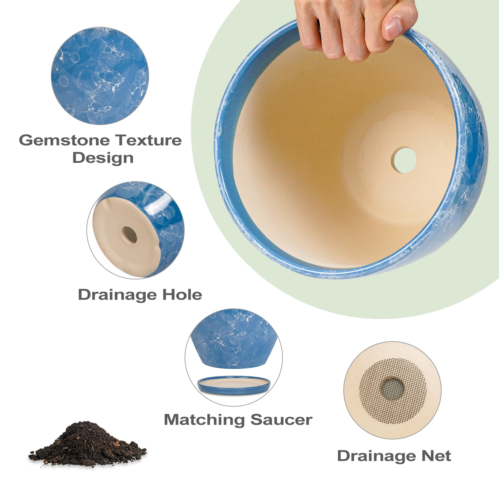 EPFamily 8 inch Blue Mottled Glaze Ceramic Planter with Drainage Hole and Saucer – Indoor Outdoor Pot for Succulents, Cacti, Houseplants