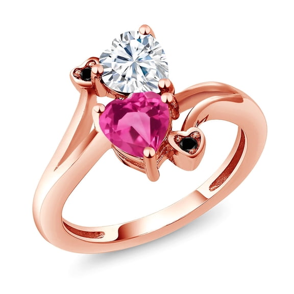 Gem Stone King 18K Rose Gold Plated Silver White Moissanite Pink Created Sapphire and Black Diamond Ring for Women (1.63 Cttw, Heart Shape 6MM, Gemstone Birthstone, Size 6)