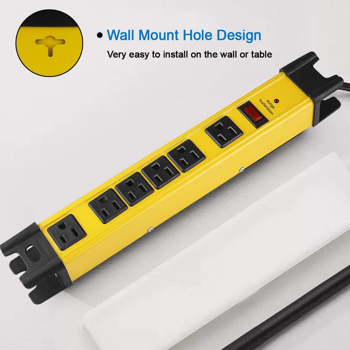 Heavy Duty Power Strip Surge Protector with 15A, 6 Plug Industrial Shop Workshop Garden Metal Multiple Outlets, 6FT Extension Cord 1200 Joules ETL Listed, Yellow