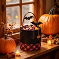 thumbnail image 4 of Yakvarog Halloween Canvas Tote Basket 8.8" x 9", Plaid Patchwork Fabric with Handle, Trick or Treat Candy Bags for Gifts, Toys, Party Favor & Home Holiday Decor, 4 of 6