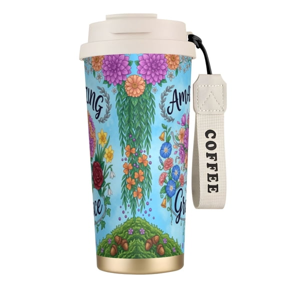 Inspirational Tumbler 18oz "Amazing Grace" Floral Art, Leak-proof Stainless Steel Travel Mug