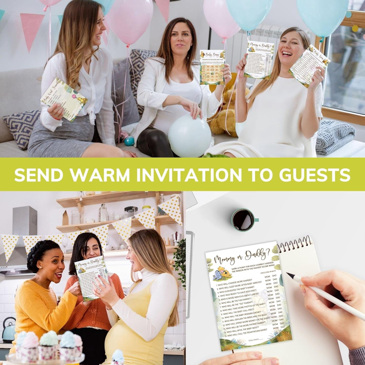 Winnie Baby Shower Games Boy - Pooh Baby Shower Bingo Cards for 25 Guests, Word Scramble Guess Who Mommy Or Daddy Game Ideas for Party Decorations