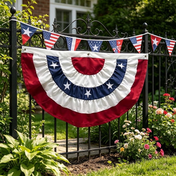 Beautynvta 1 Pc American Pleated Fan Flag, 4th of July Decorations, Patriotic Fourth of July Banner, Red White and Blue American Flag Bunting for Outside Porch Garden Decor