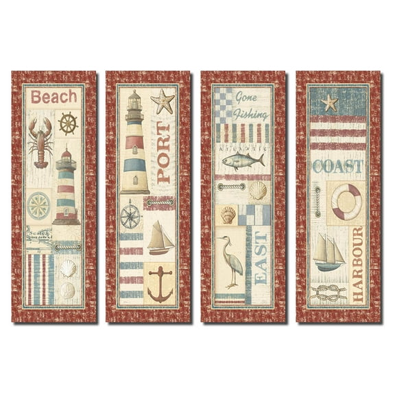 Lovely Nautical Coastal Collage Decor Panels; Coast, Port, Beach, Gone Fishing; Four 8x20 Poster Prints