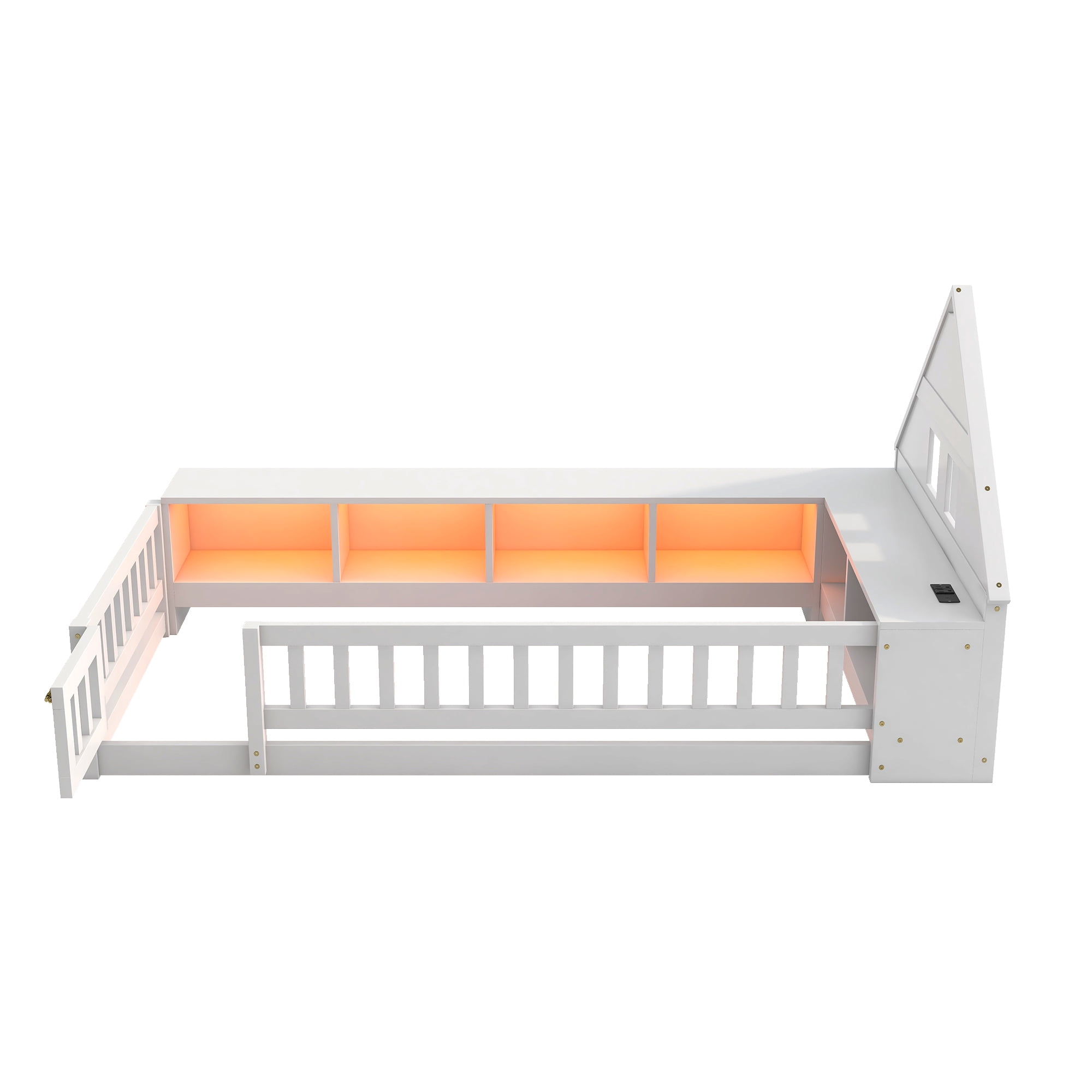 Euroco Wood Twin Size Floor Bed with Storage Shelves and Cabinets, Platform Bed with Guardrails, LED Light and USB Charge, White