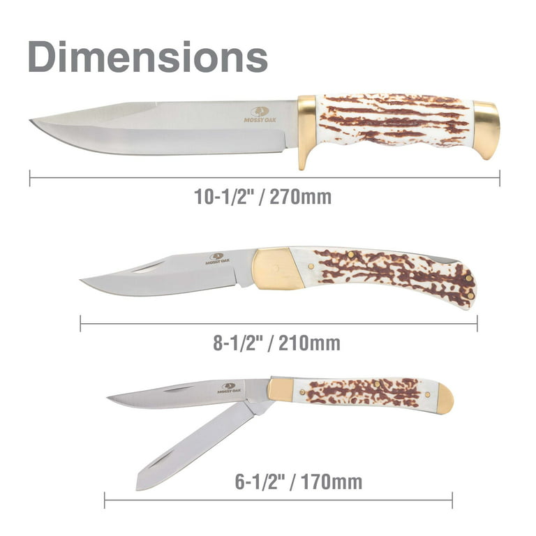 Mossy Oak 3 Piece Wood Finish Stainless Steel Knife Set with Leather  Sheath, Brown 