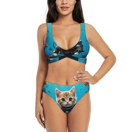 Zeuib Underwater Diving Cat High Waisted Tummy Control Bikini Set - Knot Front Push Up Top & Cheeky Thong Bottom  Two-Piece Swimsuit for Women-Medium